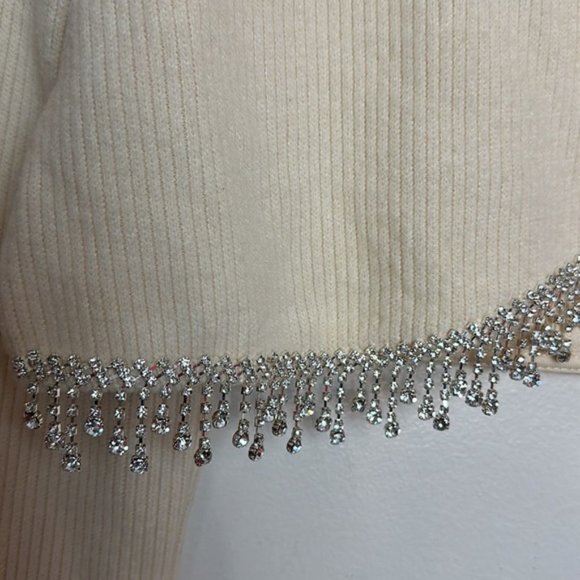 Zara Soft Ribbed Fuzzy Cropped Sweatshirt Top with Hanging Rhinestone Detail - Picture 13 of 15